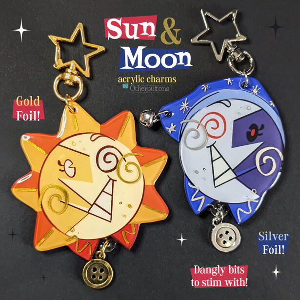 Sun & Moon Acrylic Charms, by Otherbuttons. Gold foil! Silver Foil! Dangly bits to stim with!