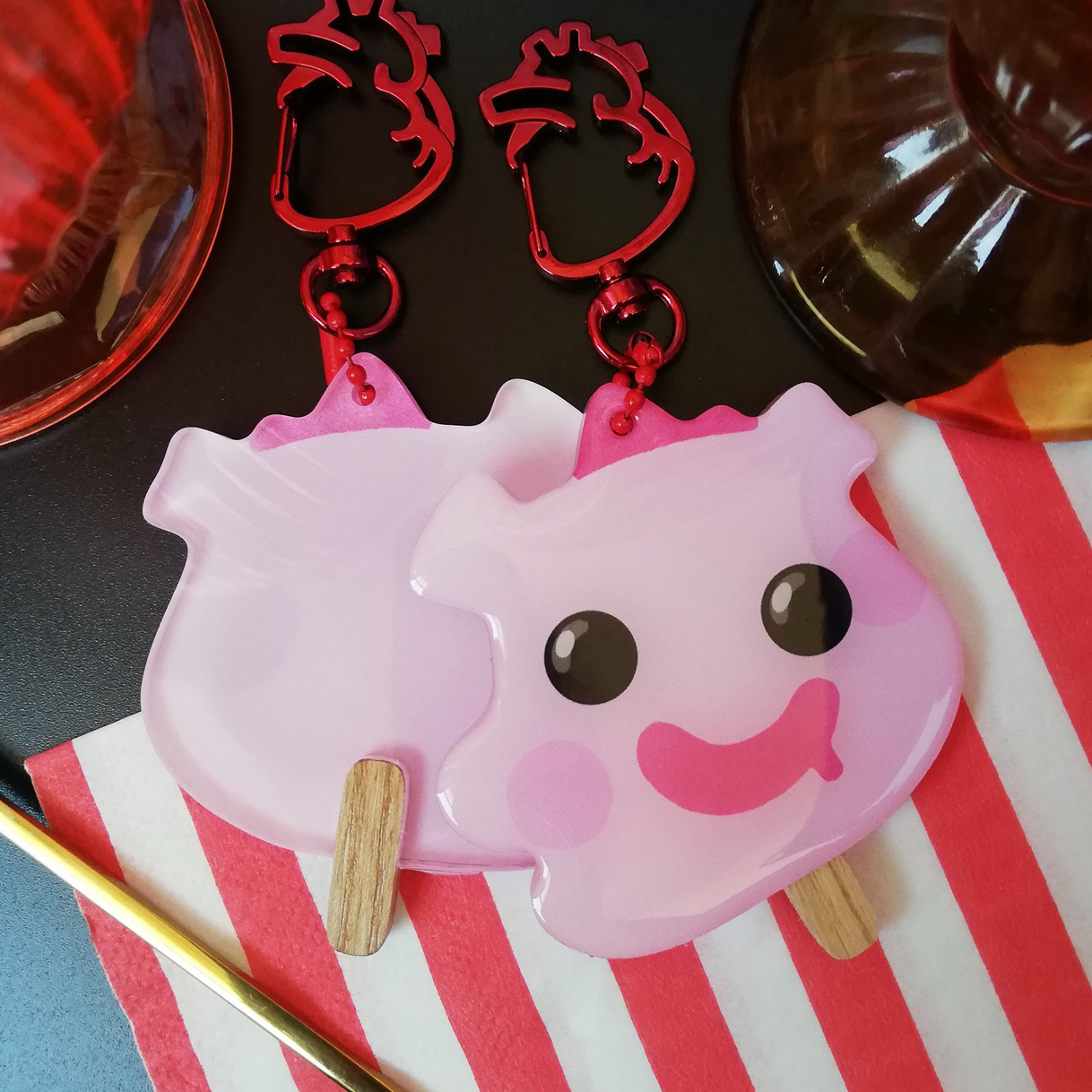 'Reginald?!' - Bubblegum Ice Lolly charms, each with a real stick and rare clasps. 'Reginald?!' - Bubblegum Ice Lolly charms, each with a real stick and rare clasps.